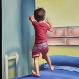 Painting of a little boy jumping on the bed