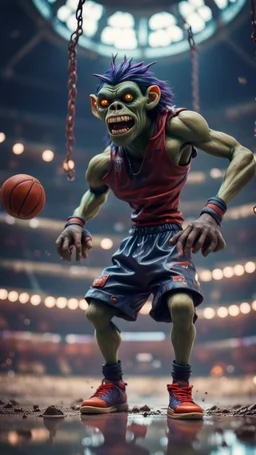 full figure portrait of a giant dunking basket player vampire werewolf goblin gremlin hanging in rings on wet soil in front of dome court, in the style of Gorillaz,bokeh like f/0.8, tilt-shift lens 8k, high detail, smooth render, down-light, unreal engine, prize winning