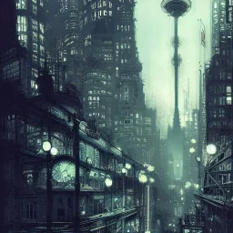 Skyline, Bioshock, by Jeremy mann, point perspective,intricate detailed, strong lines, John atkinson Grimshaw,