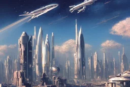 A Spaceship is taking off,Space Center on a heavy industrialized planet with a futuristic city in the background, ((retrofuturistic)), art by John Berkey, buildings with glass facades, brutalist architecture, insanely detailed, vibrant, 8k uhd, cinematic atmosphere, ultra-wide angle, street level view, brush strokes, blue sky with clouds, sharp focus