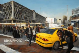 men models in a street in a taxi oil painting