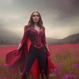 Feiticeira escarlate, Elizabeth Olsen, feiticeira, magia, rosto detalhado belo, bonita, cenário em um campo de flores, cinematográfico, dramático, por do sol, campo de flores, cores frias