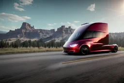 A Tesla 'Semi' (semi truck) is going at a high speed, near the 'Devils Tower' in Wyoming. (CINEMATIC, WIDE ANGLE LENS, PHOTO REAL)