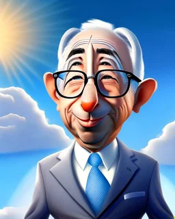 Cartoon of expresident Alvaro Uribe Vélez full body 4k without suit with shirt pants and shoes rat ears rat nose circular glasses grotesco big white hat light blue sky