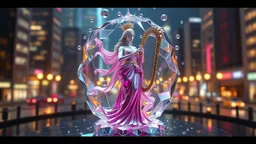3d metalic and crystal recursive evolving and animating beveled geometric base very complex CIFY structure emiting bubbles that broke, goddess of love in a pretty cleric dress comes while playing harp gracefully , viberating color moving very in modern city escap environment while camera tracking it.write in down screen 3d animating"Made in Grok By:J.Babakan"