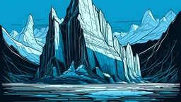 Uma serigrafia digital de um iceberg completo no estilo de Moebius and Myazaki.