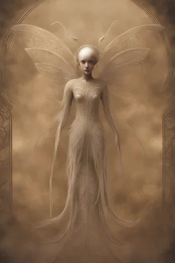 In a hazy, nostalgic depiction, a gracefully deteriorating winged alien with a soft ethereal glow appears, suspended photograph. The faded image captures the creature's delicate features: its feathery wings, twisted inwards, adorned with intricate patterns reminiscent of ancient hieroglyphics. Its luminous, almond-shaped eyes sparkle with a melancholic longing, set in a silvery face displaying faint lines of wisdom. The polaroid's grainy texture creates a vintage charm that enhances the beauty o