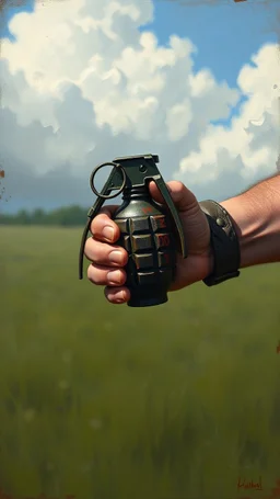 Bosch style painting , 3D hand holding a handgrenade.