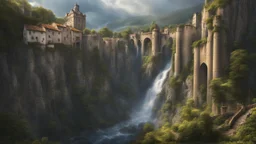 a wide waterfall falling upon a medieval european city at the end of a steep, narrow, 3.000 feet tall ravine. a masterpiece, fantasy concept art, dynamic lighting, hyperdetailed, intricately detailed, deep color, Unreal Engine, volumetric lighting, Epic cinematic brilliant stunning intricate meticulously detailed dramatic atmospheric maximalist digital matte painting