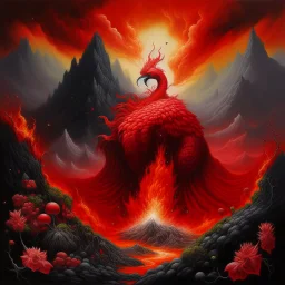 A red volcano with phoenix fire painted by Zhang Lu