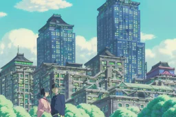 A dramatic landscape shot from 'Embers of Tomorrow', depicting a neon-soaked Gastown in Vancouver, its skyline dominated by towering skyscrapers and massive digital billboards. A thin layer of smog hangs in the air, partially obscuring the cityscape. Yui and Toshi are captured entering the city, their farming gear contrasting sharply with the high-tech urban jungle.