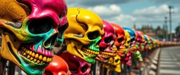 a field of skulls, multi colored, bright, vivid, psychedelic, high detailed, high gloss, insanly detailed, matte, horrorcore, lining the street, unsettling contrast, monument to death