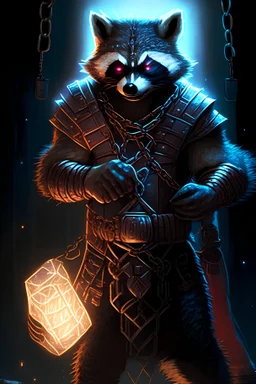 Rpg Character, Runic Warrior, Vampire Racoon with a chainmail, glowing runes in his arms.