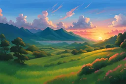 It is a scenic landscape with a lush green meadow, rolling hills, and a vibrant sunset sky with colorful clouds. The background features a range of mountains silhouetted against the warm orange and pink hues of the setting sun. like Studio Ghibli and oil painting