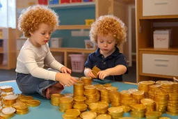 a curly-haired blond boy counts money and stacks gold coins in a modern nursery, in sunshine