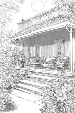 whimsical black and white imperfect lines coloring pages vintage cosy yard with veranda and many flowers