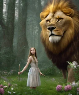 Young beautiful girl wearing floral crown, standing next to a large, majestic, stunning lion on nature forest path, floral crown, Chronicles of Narnia, 8k resolution, high-quality, fine-detail, iridescent, intricate, digital art, detailed matte, volumetric lighting, beautiful, illustration, 3D octane render, brian froud, howard lyon, selina french, anna dittmann, annie stokes, lisa parker, greg rutowski,