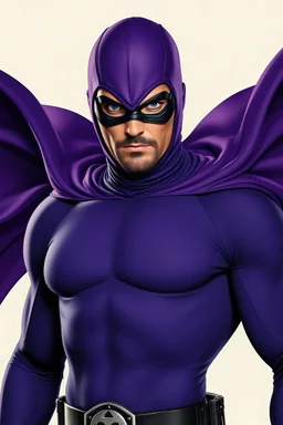 full-length, A portrait of a the Phantom, a man with piercing blue eyes, a chiseled jaw, goatee, timeless face, stern expression, Wearing a skintight formfitting purple cotton hero suit with a skintight cowl with a widows peak that fits tight to his head, but does not cover his face or his forehead , he wears a thin, black leather, bandit eye disguise over his eyes, black and blue diagonally striped trunks, dual-holstered pistol belt adorned with a triangle skull-shaped buckle, leg straps, boot