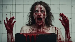 a gross woman covered in blood holding up a black rectangular box