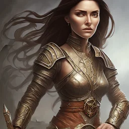 dungeons and dragons, female human, druid, brown hair, brown eyes, full body, realistic face, short hair, hair tied back, large nose, closed mouth, leather armor, face scars, tan skin