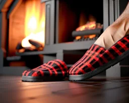 Red plaid slippers on black bearskin rug,log cabin walls, stone fireplace