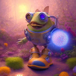 pixar style, volumetric summer garden environment and background, hyper realistic painting of steampunk puffer Nike sneaker, looking excited, volumetric lighting, dramatic lighting, detailed digital painting, anime, ornate, colour-saturated colors, chaotic, small minutiae, tiny features, particulars, centered, smooth, sharp focus, renderman gofur render, 8k, uhd, detailed eyes, realistic shaded volumetric lighting, sunlight caustics, backlight, centered camera view