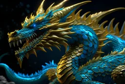 an epic dragon made of structural golden graphene and blue crystal glass fish scales, insanely detailed and intricate, cinematic, black deep depth of field, 3D, 16k resolution photorealistic, a masterpiece by Alberto Seveso, breathtaking intricate details, realistic and lifelike cgi diorama, colors grading, shadows, dramatic natural lighting, reflective catchlights, high quality CGI VFX fine art, --sw 300 --s 400 --c 80 --style raw --v 6.0