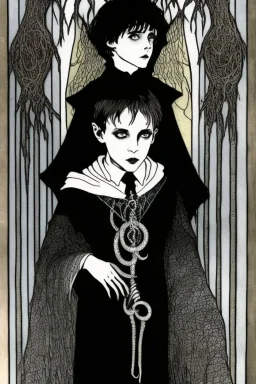 7 year old boy, necromancer, friendly, looks dead,with a lamprey serpent , wearing black robes, in the style of Harry Clarke