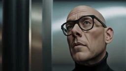 A striking, photorealistic portrait of Chris, a middle-aged european man with a slightly shaven head , wearing black square glasses, black shirta and makes a scared face. The background reveals a futuristic neon light, designed with modern, sleek lines and advanced technology. The overall ambiance gives off a sense of professionalism and cutting-edge innovation., photohigh detalied, sharp focus, professional photo