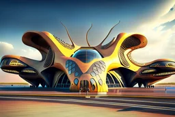 exterior view of an ant-shaped airport, spectacular, shocking, ultra quality, maximalist, 8k 3D