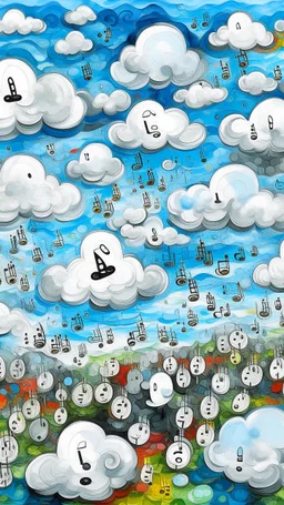 A white cloudy sky with icy music notes designed in Matryoshka dolls painted by Claude Monet
