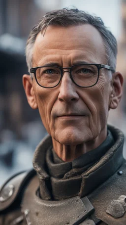 Jens Stoltenberg wearing thick glasses and armor in Stalingrad, bokeh like f/0.8, tilt-shift lens 8k, high detail, smooth render, down-light, unreal engine, prize winning