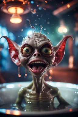 portrait through dirty warped lens of ultimate transcendent happy chat gremlin vampire alien frown with spotlights and huge dripping tounge sticking head out of a transparent bathtub chemical beaker, in front of space portal dimensional glittering device, bokeh like f/0.8, tilt-shift lens 8k, high detail, smooth render, down-light, unreal engine, prize winning