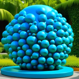 A greenish blue reef with round bubbles designed in Hawaiian tiki statues painted by Victor Vasarely