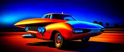 A national geographic award winning photograph of a military fighter jet station wagon wasp hybrid designed by volkswagen only one vehicle per image painted metallic orange traveling at a high rate of speed, jet intake off of front center of vehicle and jet exhaust out the rear with bright blue flame