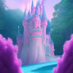 a pink castle, magical crystal pink castel, vertical light, pink and blue wisteria , pink vertical, blue lake,sharp, background vertical blue gradient vertical, elegant, highly detailed, artstation, concept art, smooth, sharp focus, illustration, 8k, splash art, wallpaper, key visual