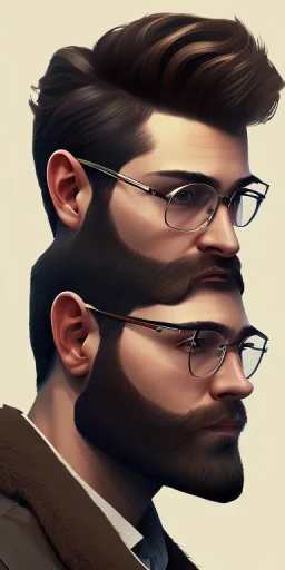 boy, young, glasses, beard, brown hair, brown eyes, medium hair, bangs side part, head and shoulders portrait, head and shoulders portrait, 8k resolution concept art portrait by Greg Rutkowski,