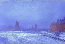 cyberpunk buildings near the frozen lake, winter, tendency to science fiction, realistic vision, claude monet painting