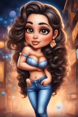 create an airbrush illustration of a chibi cartoon curvy hispanic female wearing Tight blue jeans and a peach off the shoulder blouse. Prominent make up with long lashes and hazel eyes. She is wearing brown feather earrings. Highly detailed long black shiny wavy hair that's flowing to the side. Background of a night club.
