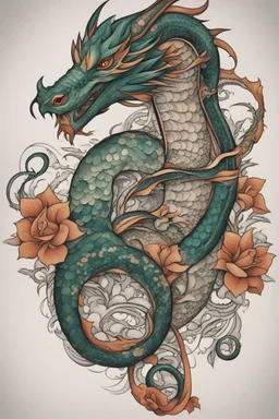 thigh stylized dragon tatoo, stylized snake tatoo wrapped in the things, leg focus, thigh focus