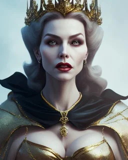 old evil queen in black leather gown, volouptous, busty, cleavage, angry, emperious, 8k resolution concept art portrait by Greg Rutkowski,