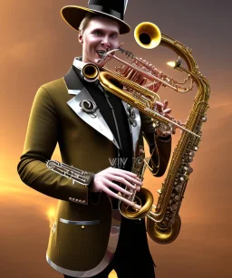 evil mechanoid person playing saxophone with a steampunk theme, realistic