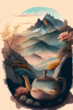 Cozy vibes drawing art tea pot, garden inside tea pot, mountain range in background