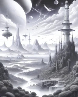 An absurdly unreal fantasy landscape inspired by the best science fiction of the twentieth century ,Coloring Book for Adults, Grayscale Coloring Book