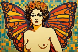 colorful psychedelic painting of ancient god psyche depicted in ancient mosaic art as a butterfly-winged woman by andy warhol