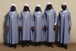 4 suore africane con tunica grigia figura intera sorrisi, visi armoniosi