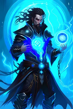 Young male Psyker, glowing veins, blue eyes, swirling with energy, powerful, technology, warhammer 40k, implants, lightning aura, dark hair, long hair, beard, full body, inquisitor, mechanicus, warhammer 40k