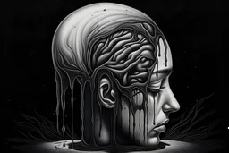 surrealist chalk drawing of a half a head dripping out of dark infinity half a head made of liquid on the ground high resolution fine detailed textures perfect details