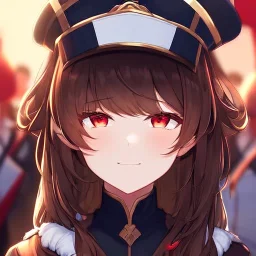 Clear Focus, High resolution, glowing red eyes, wearing a train conductor uniform, long dark brown hair, front hair is straight but the rest is fluffy, wearing a train conductor hat, evil smile, extreme close up