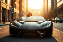 Create an ultra-realistic cinematic 8K fullbody of lady mode skin texture, add makeup,pretty boots,curvy long hair. Style: fashion editorial, confident is driving a Lamborghini SC20 in streets of a modern city. Lighting: warm golden hour sunlight, soft rim light. Camera look,camera capture full Lamborghini SC20: shallow depth of field, film grain, cinematic color grade.